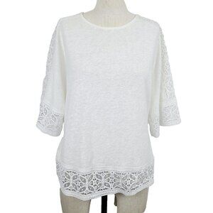 Sundance Top XS Ivory White Linen Blend Knit Lace‎ Trim Short Sleeve Pull…